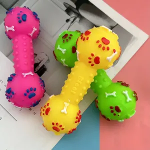 Colorful squeaky pet dumbbell toys with bone and paw prints for dog chewing and play