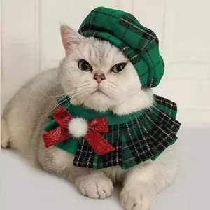Pet Christmas Costume Set British Plaid Octagonal Beret Hat and Collar Bib With Bowknot for Small Dogs Cats Holiday Gift