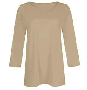 Close-up detail of a women's casual khaki V-neck solid color three-quarter sleeve T-shirt