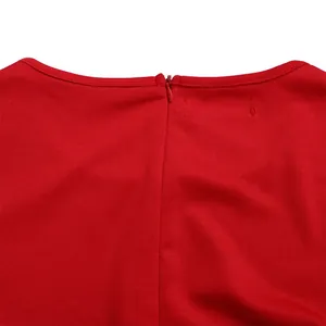 Close-up of the back invisible zipper and neckline of a red OL bodycon dress