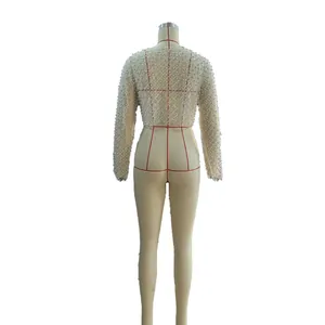 Rückansicht eines langärmeligen Mesh-Crop-Tops mit elegantem, vollflächigem Perlenbesatz.