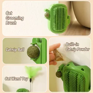 Cactus cat self-groomer set with catnip ball, powder, and feather teaser