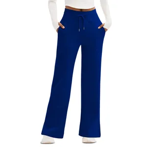 Front view of women's royal blue high-waisted wide-leg trousers with drawstring detail