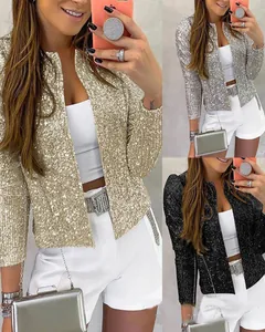 Glittering sequin jackets for women in gold, silver, and black color options.