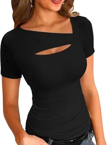 Detail of black slim-fit t-shirt with unique asymmetrical cutout neckline