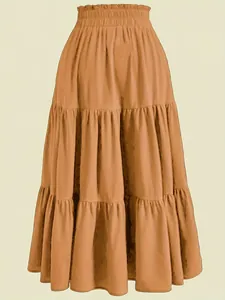 Bohemian tiered maxi skirt with smocked high waist in camel tan color for plus size women