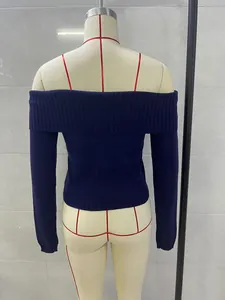 Back view of a navy blue off-the-shoulder ribbed knit sweater displayed on a mannequin