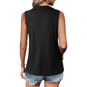 Women's sleeveless ribbed knit vest with polo collar shown from the back