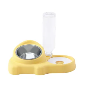 Double gamelle jaune pour animaux avec bouteille d'eau automatique et bol en inox