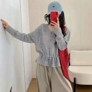 Korean style grey hollow knit cardigan with adjustable drawstring waist for women