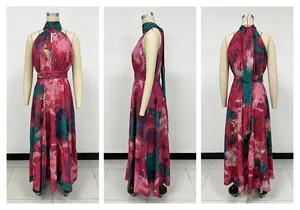 Three-view shot of a floral halter neck sleeveless maxi dress displayed on a mannequin