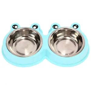 Cartoon frog shaped double stainless steel pet feeder bowls for cats and dogs