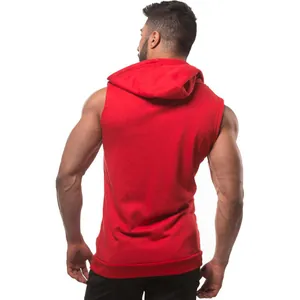 Back view of men's red sleeveless workout hoodie designed for gym and bodybuilding sports