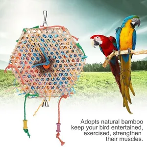Natural bamboo bird foraging toy with colorful shredded paper and bells for parrots