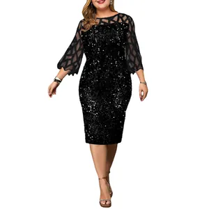 Schwarzes Pailletten-Partykleid in Übergröße mit transparenten Netz-Laternenärmeln