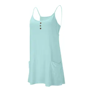 Side view of women's light blue V-neck spaghetti strap dress with buttons and pockets