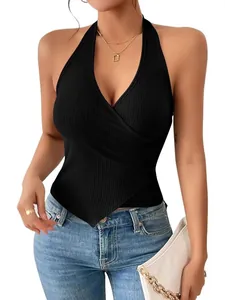Chic black halter neck ribbed tank top with crossover V-neck and asymmetrical hem line