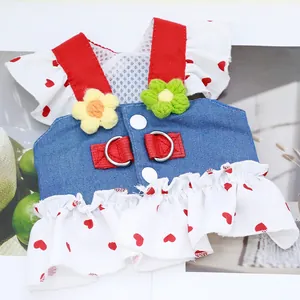 Cute denim pet harness dress with heart pattern and floral decor for small dogs