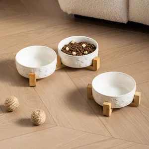 Ceramic Cat Bowl Elevated Raised Cat Food Water Bowl With Bamboo Stand Anti-Slip White Embossed Paw Pet Feeder For Cats Dogs