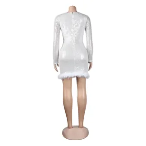 Back view detail of white sequin bodycon dress with feather trim and back zipper