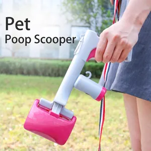 Ramasse-Crottes Portable 2-en-1 pour Chien Manche Long avec Distributeur de Sacs à Déjections Intégré Outils de Nettoyage Extérieur