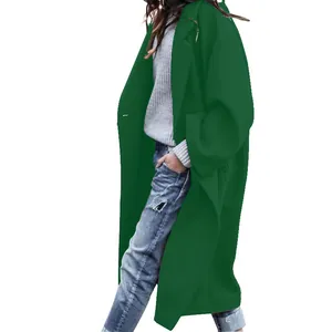Detailed side view of a dark green long-line wool coat for women, casual style