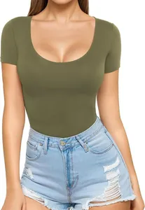 Detail shot of a stylish women's olive green slim fit scoop neck short sleeve T-shirt