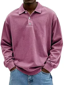 Close-up of mauve men's long-sleeved polo shirt with washed fabric and button collar
