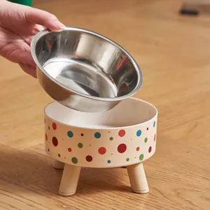 Elevated Stainless Steel Pet Bowl For Cats Dogs Neck Protection High Foot Feeding Dish With Wooden Legs Anti-Tip Food Water Bowl