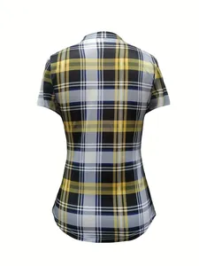 Detailed back view of a women's slim fit plaid shirt featuring a chic standing collar.