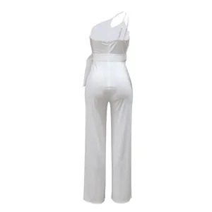 Back view of elegant white one-shoulder jumpsuit with wide-leg design and belt detail.