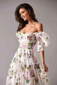 Elegant off-shoulder organza evening dress featuring a romantic floral print.