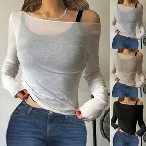 Damen Sexy Ein Schulter Langarm Polyester Netz Kittel Top Einfarbig Lässig Offene Schulter T-Shirt Clubwear Bluse