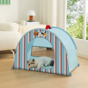 Portable striped pet tent house for cats and small dogs cozy indoor sleeping bed