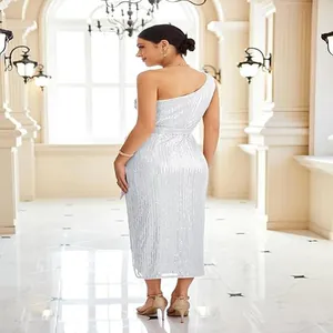 Elegant silver one-shoulder sequin midi dress for cocktail parties and weddings