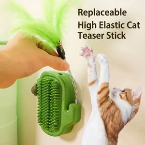 Wall-mounted cactus cat self-groomer toy with flexible feather teaser wand and bell