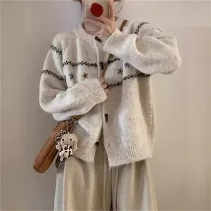 Cárdigan de Punto para Mujer Cuello Redondo Botones de Cuerno Mori Girl Bordado Floral Suéter Holgado Manga Larga Otoño Invierno