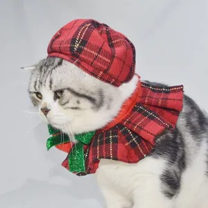 British style red plaid cat beret and collar set for Christmas pet decoration