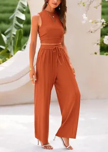 Detail showing the ribbed fabric and drawstring waist of this orange two-piece set