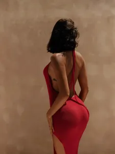 Sexy red backless knitted halter maxi dress with side slit for resort beach wear