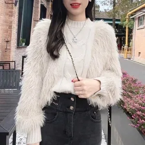 Fuzzy cream cable knit cardigan with long hair texture and fashionable lazy style