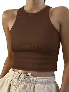 Macro view of the high-quality brown ribbed fabric on a women's sleeveless crop top