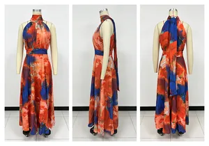 Multi-angle view of sleeveless halter-neck maxi dress with abstract orange and blue print