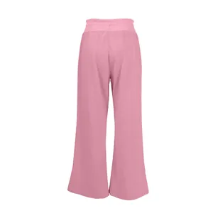 Professional back view of pink lightweight high-waisted wide-leg trousers for women