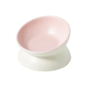 Bol surélevé en céramique pour chat avec design incliné pour protéger le cou rose blanc