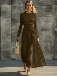 Elegante vestido largo plisado de manga larga verde oliva casual