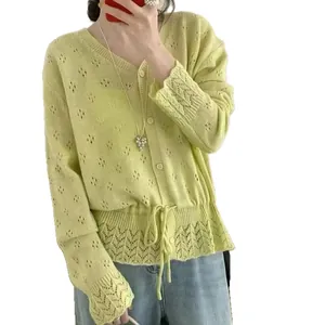 Korean style hollow-out knit cardigan with drawstring waist and V-neck in lime green
