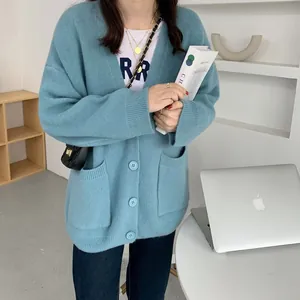 Cozy blue V-neck knit cardigan with pockets for women, loose Korean style casual outerwear