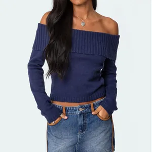Women Off-Shoulder Acrylic Knit Sweater Long Sleeve Ribbed Solid Color Slim Fit Street Style Sexy Pullover Top