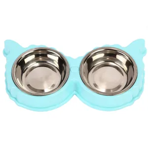 Cute light blue cartoon cat-shaped pet feeder with double removable stainless steel bowls
